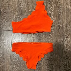 Orange Scalloped trim one shoulder Bikini Set